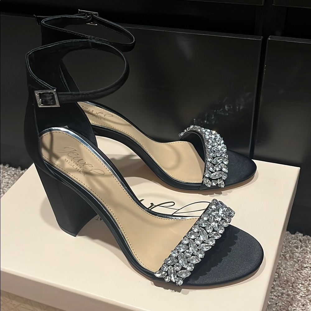 Black Heels with Crystal Embellishments and High Wedge Design